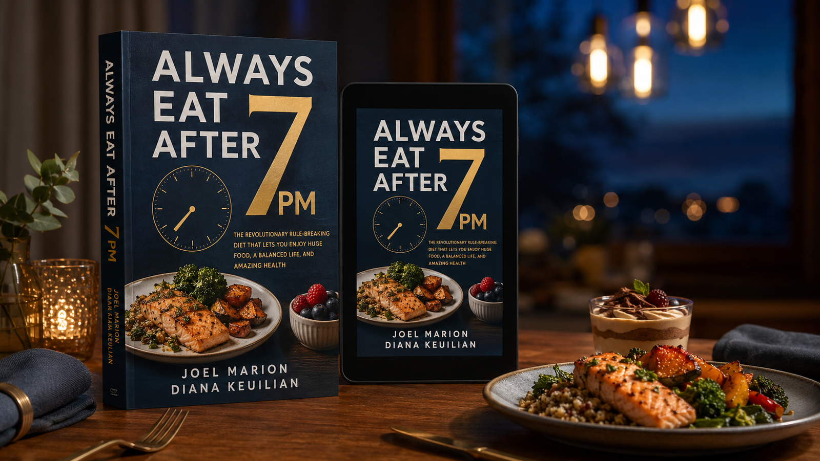Always Eat After 7 PM is a 240-page diet and nutrition book by Joel Marion and Diana Keuilian. It combines intermittent fasting, structured meal timing, food lists and recipes while allowing users to consume a larger portion of their food later in the day.
